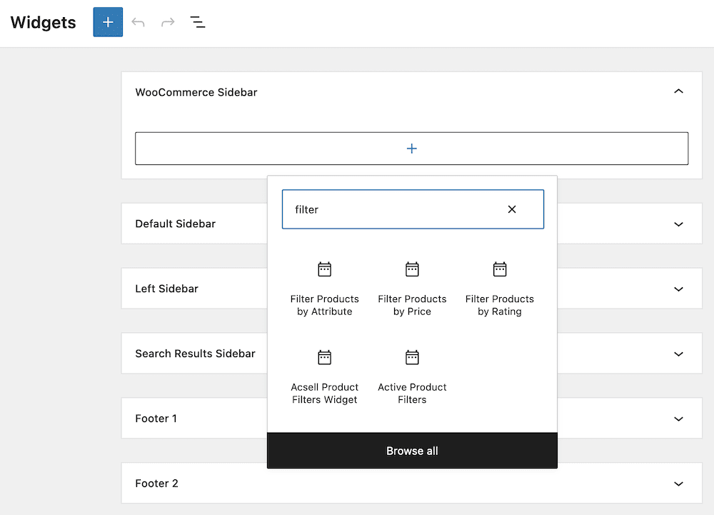 The Widgets page within WordPress, showing the native Block WooCommerce product filter options