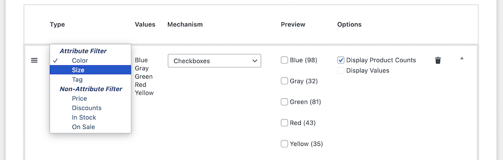 A drop-down menu showing the list of available filters in Acsell.
