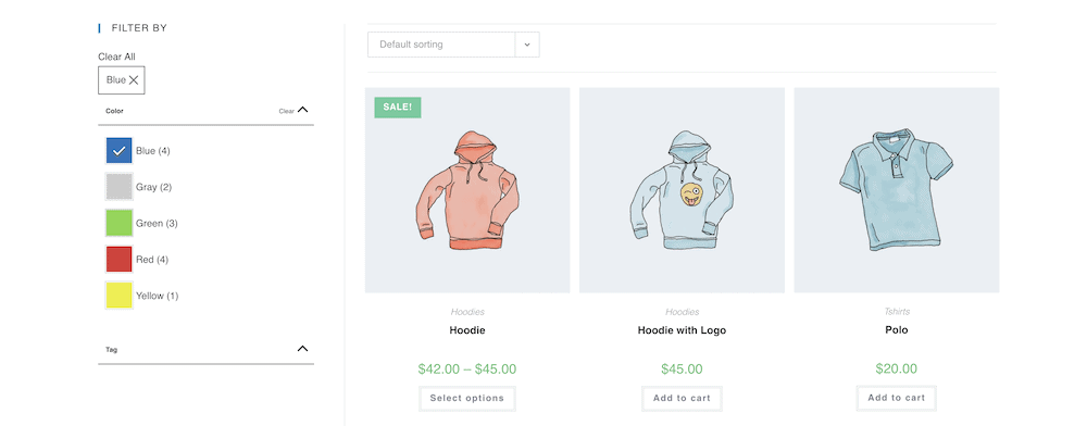 The front end of a WooCommerce store showing in-place filters.
